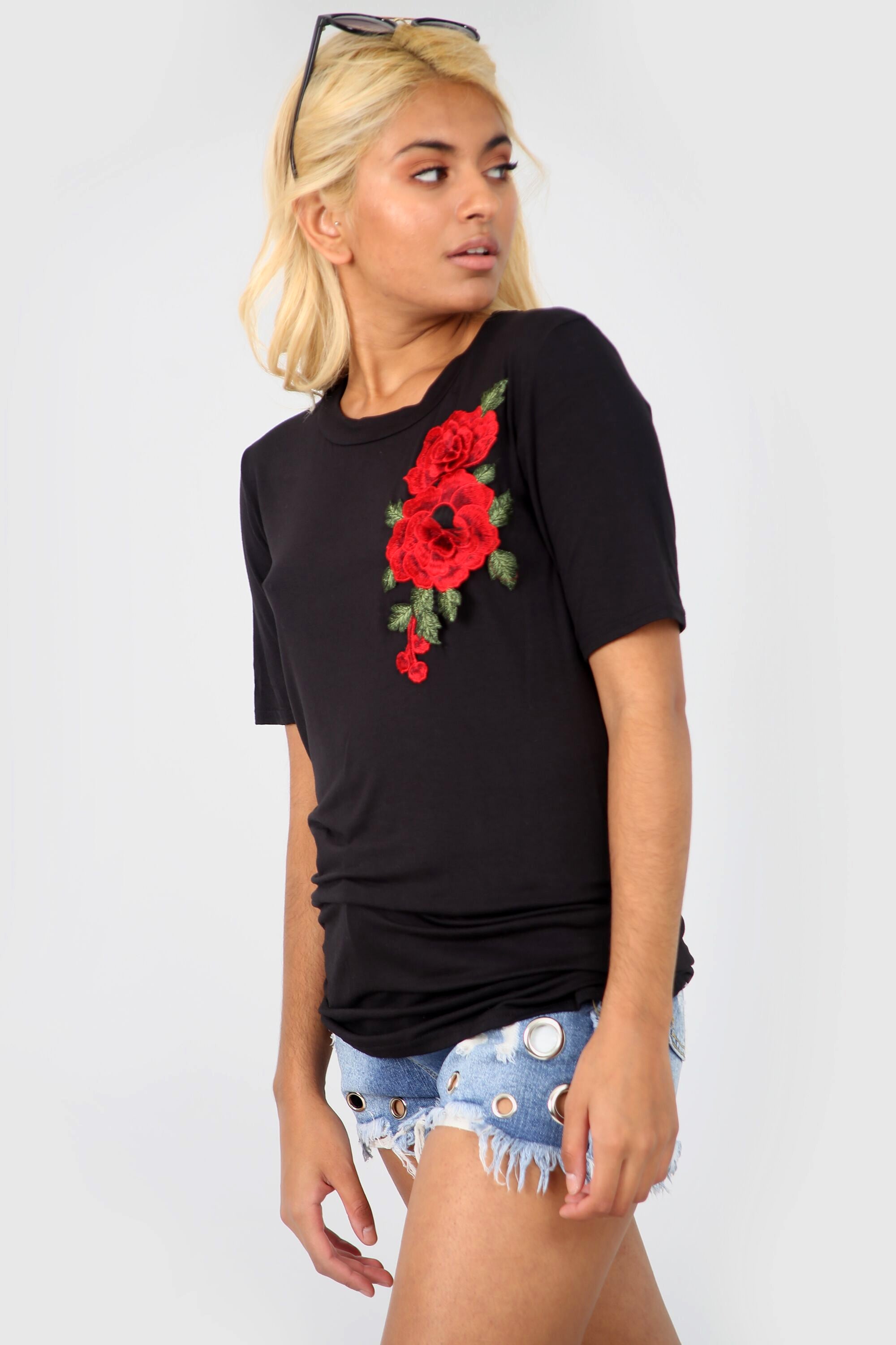 Hannah Floral Rose Applique Baggy Jersey Tshirt - bejealous-com