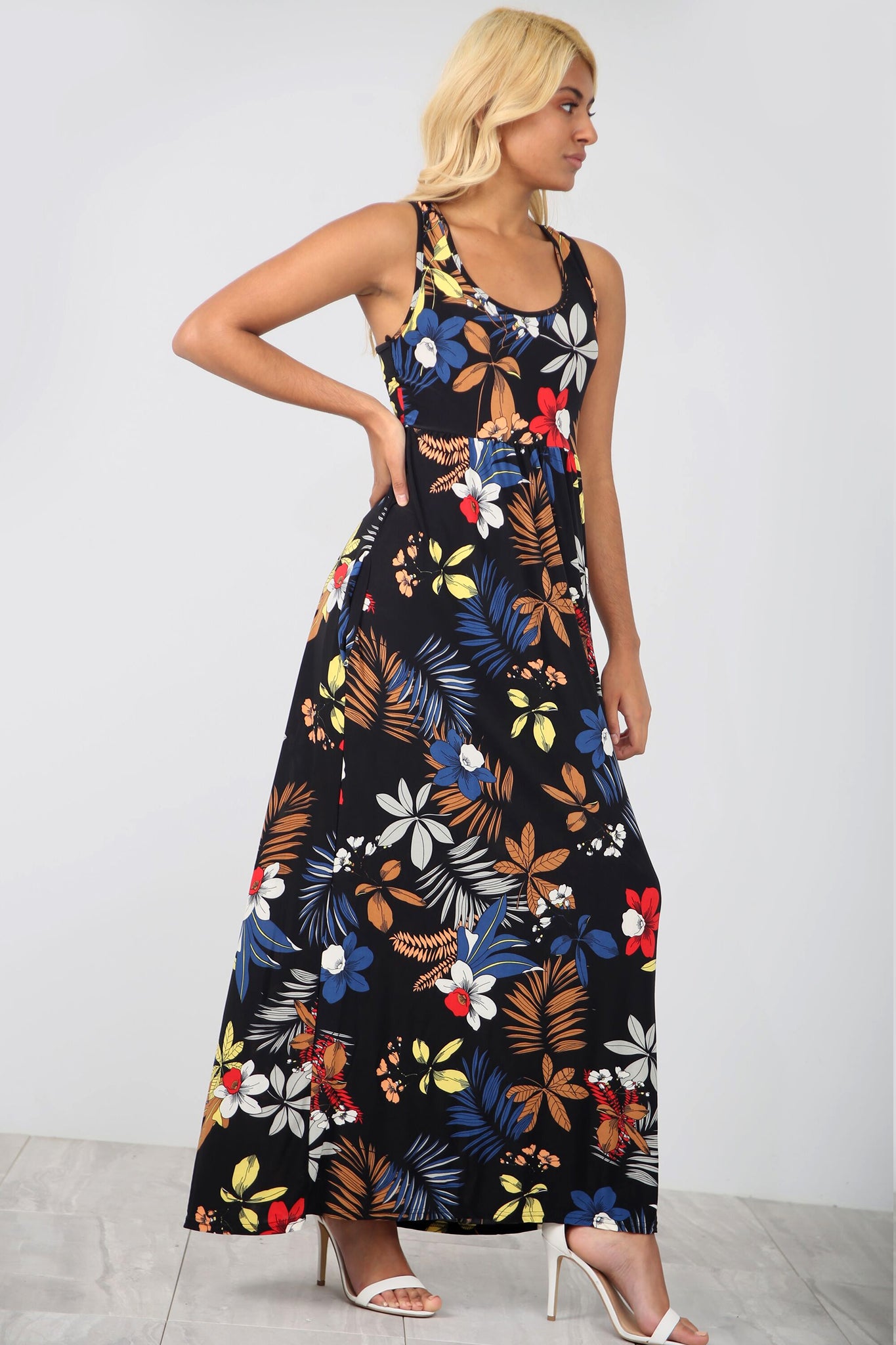 Racer Back Slinky Floral Maxi Dress With Pockets - bejealous-com
