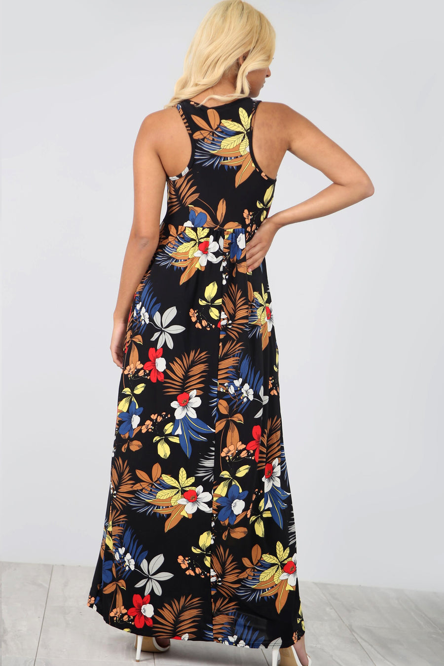 Racer Back Slinky Floral Maxi Dress With Pockets - bejealous-com