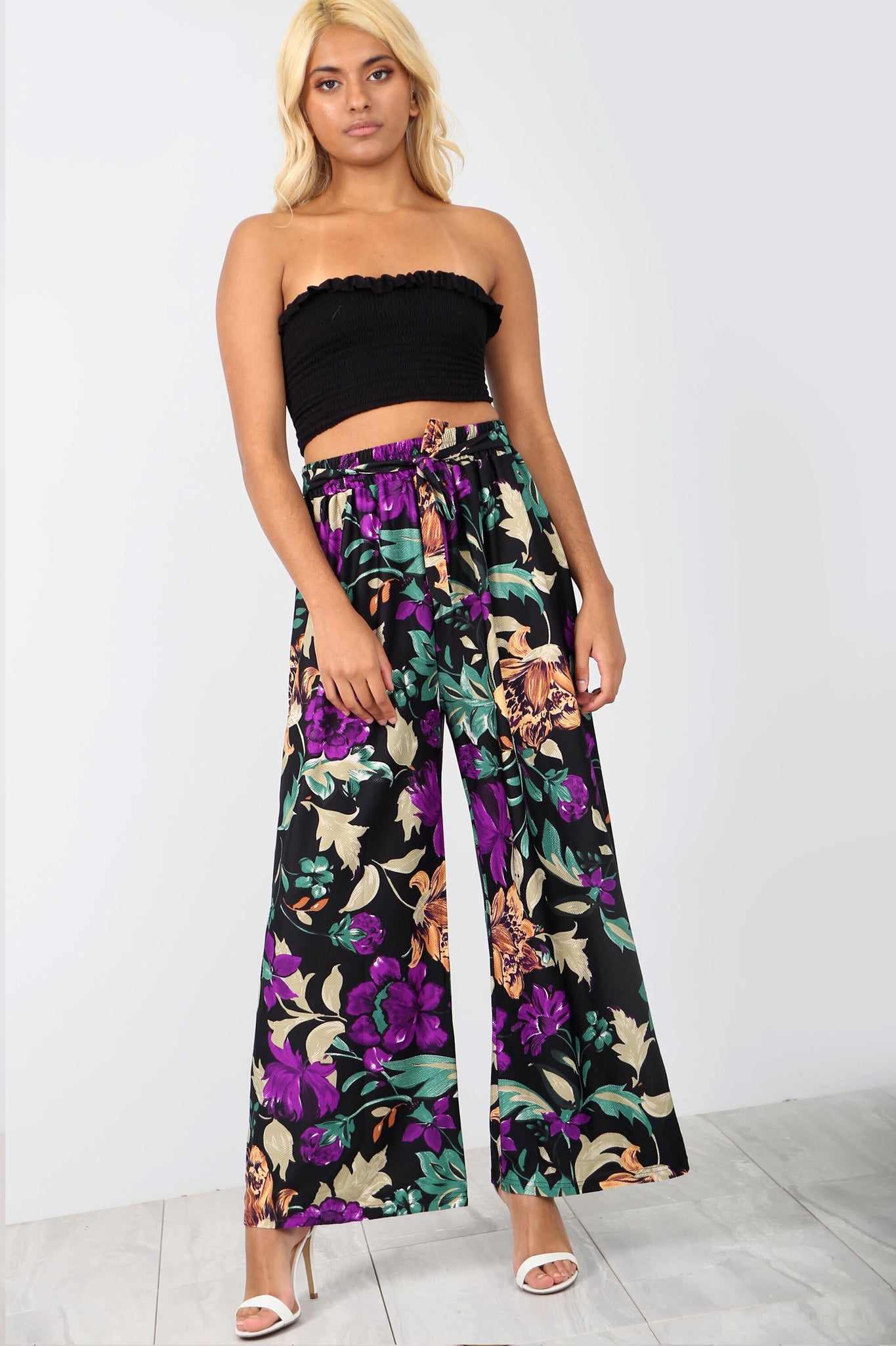 High Waist Yellow Tropical Print Wide Leg Pants - bejealous-com