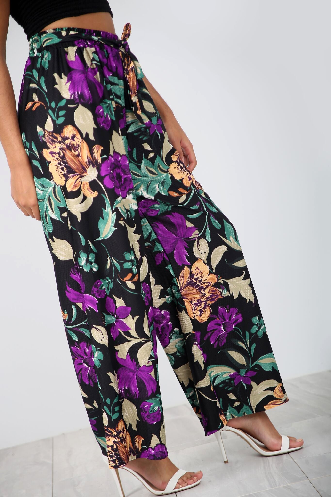High Waist Yellow Tropical Print Wide Leg Pants - bejealous-com