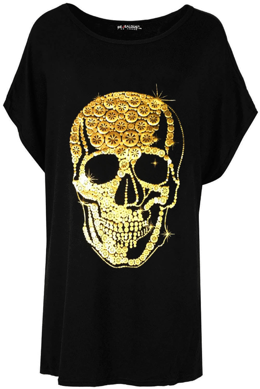 Gold Foil Skull Print Oversized Bat Wing Tshirt - bejealous-com
