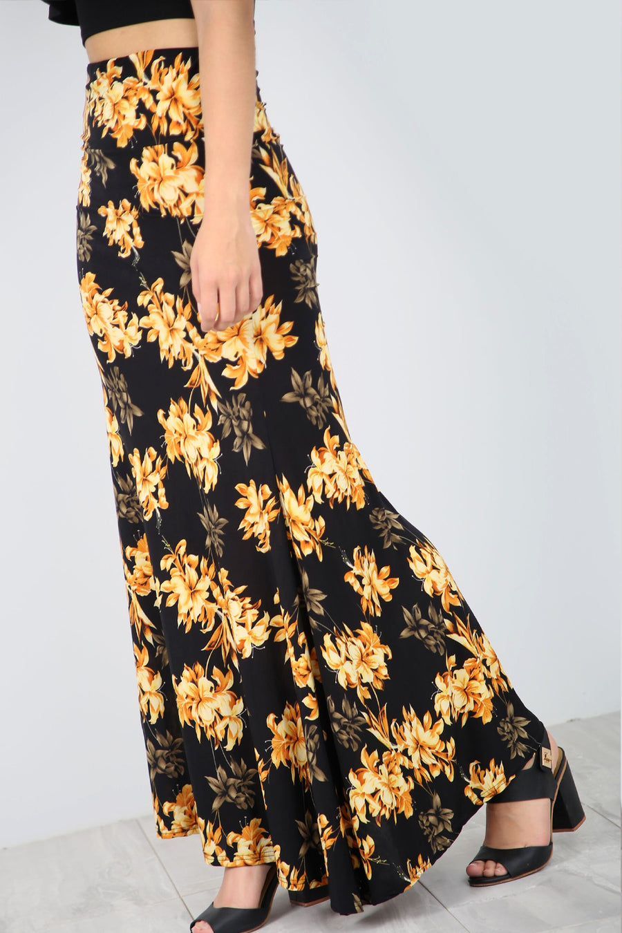 High Waist Yellow Floral Fish Tail Maxi Skirt - bejealous-com