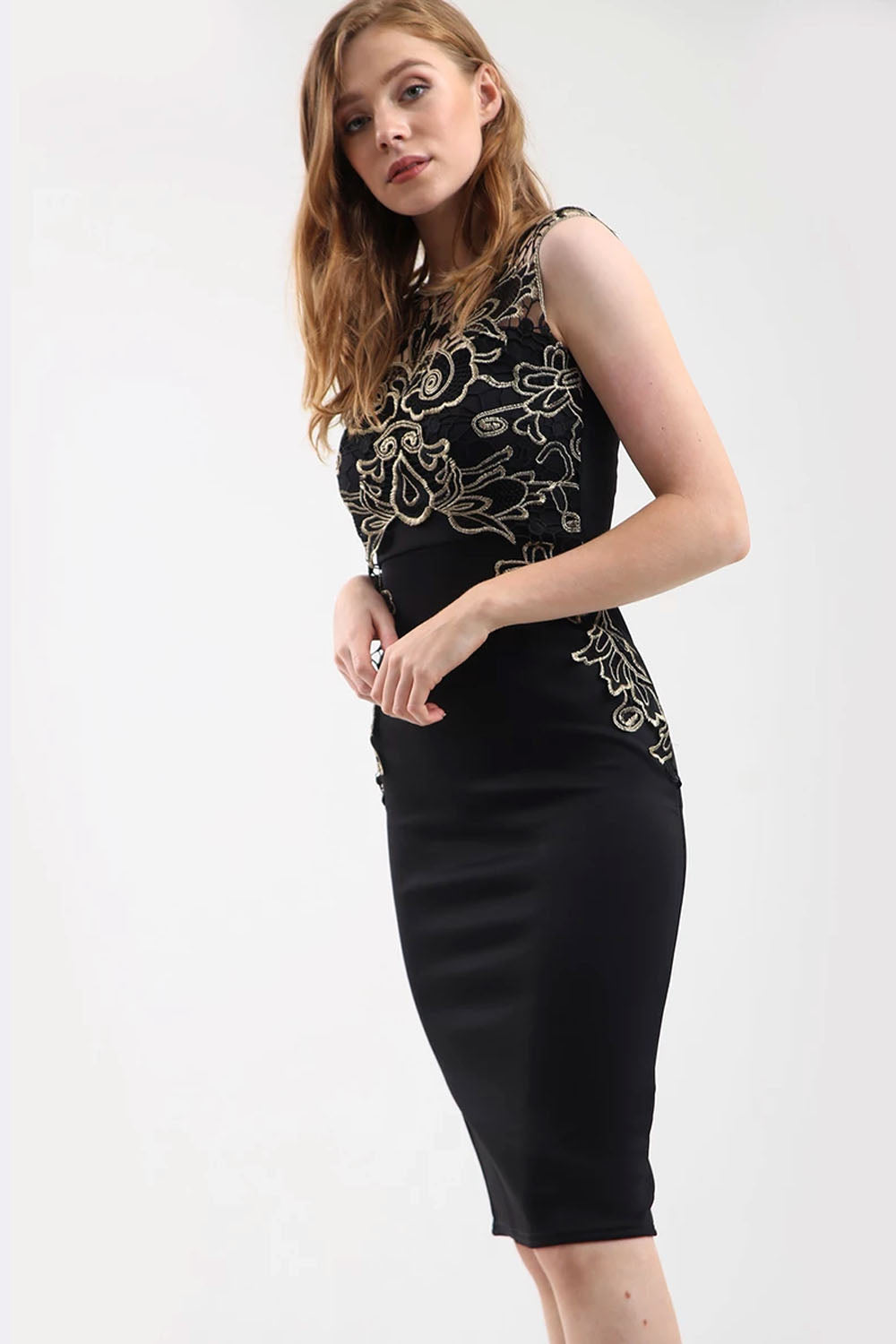 Gold Floral Lace Trim Black Midi Bodycon Dress - bejealous-com