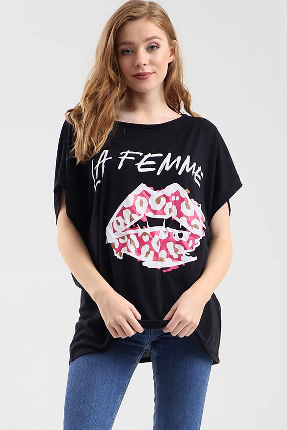 La Femme Graphic Print Oversize Pink Tshirt - bejealous-com