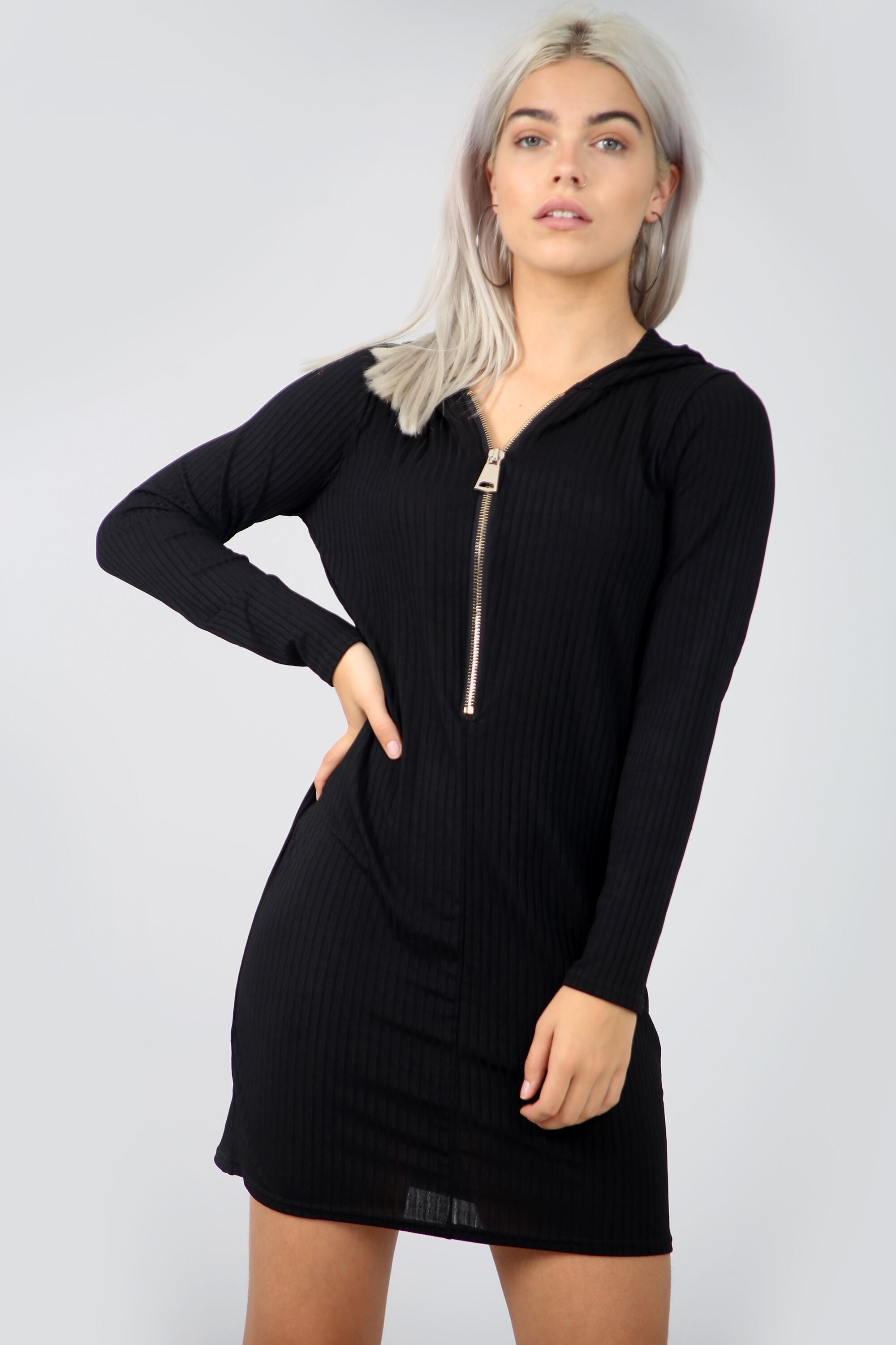 Long Sleeve Plunge Neck Black Ribbed Sweater Dress - bejealous-com