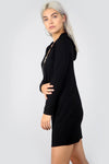 Long Sleeve Plunge Neck Black Ribbed Sweater Dress - bejealous-com