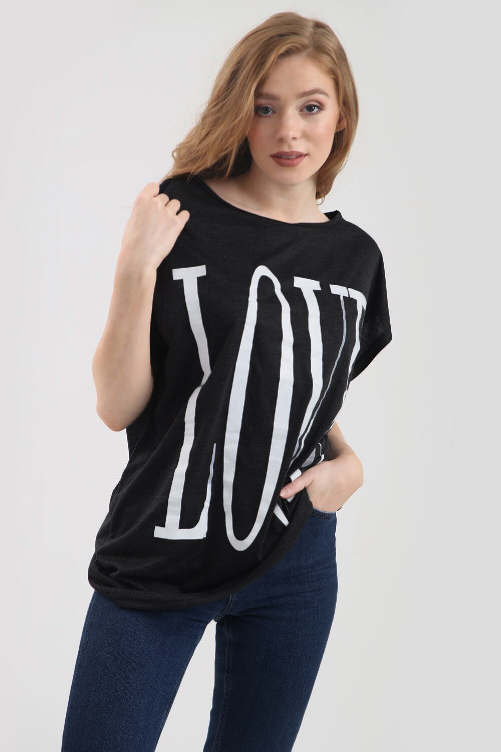 Love Slogan Print Oversize Turn Up Sleeve Tshirt - bejealous-com