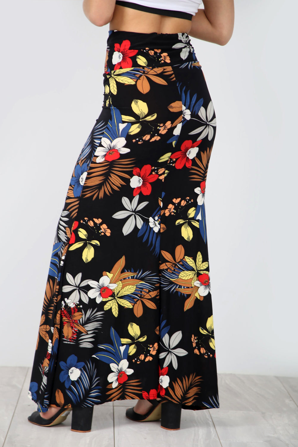 High Waist Black Floral Fishtail Maxi Skirt - bejealous-com