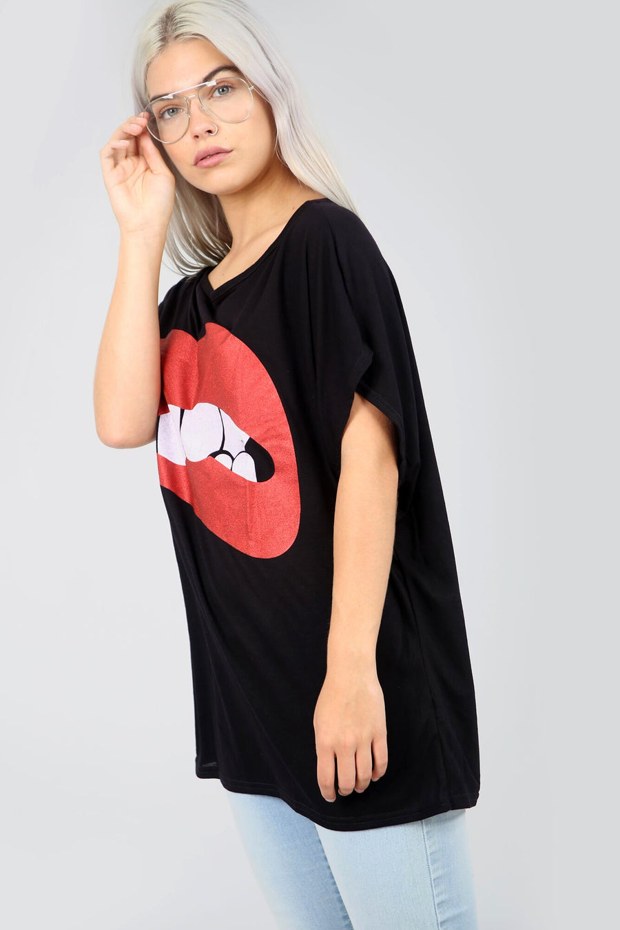 Graphic Print Lips Oversize Black Bat Wing Tshirt - bejealous-com