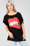 Graphic Print Lips Oversize Black Bat Wing Tshirt - bejealous-com