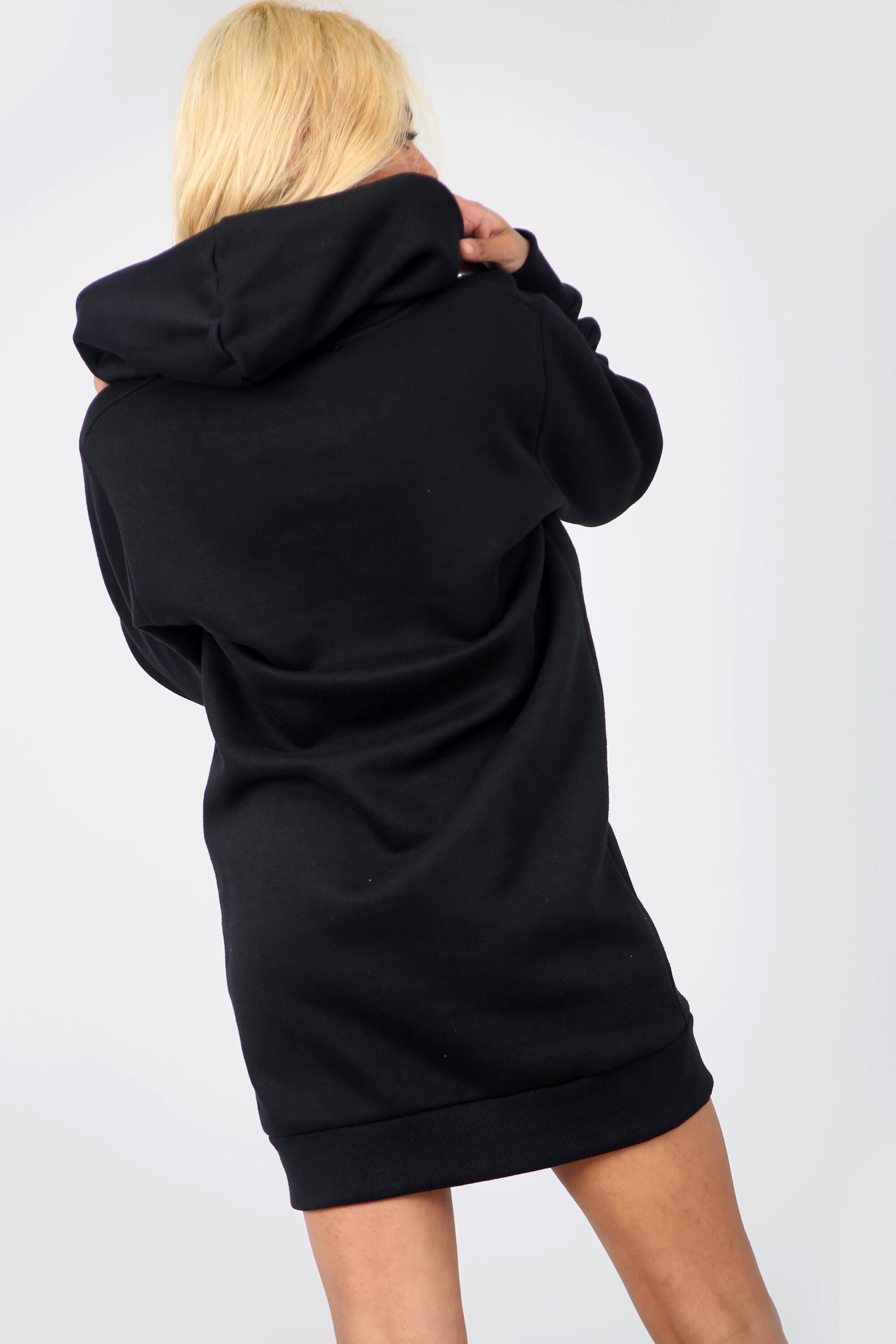 Long Sleeve Hooded Black Sweatshirt Jumper Dress - bejealous-com