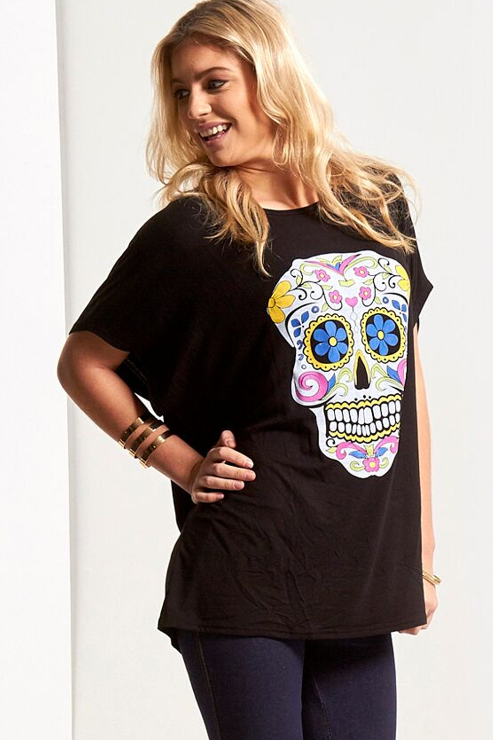 Graphic Skull Print Oversize Bat Wing Tshirt - bejealous-com