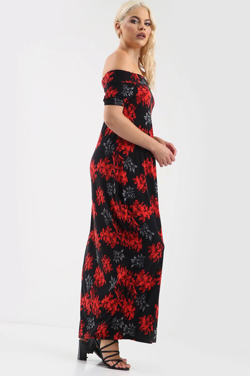Black Off Shoulder Red Floral Print Maxi Dress - bejealous-com