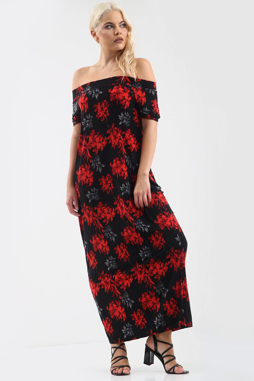 Black Off Shoulder Red Floral Print Maxi Dress - bejealous-com