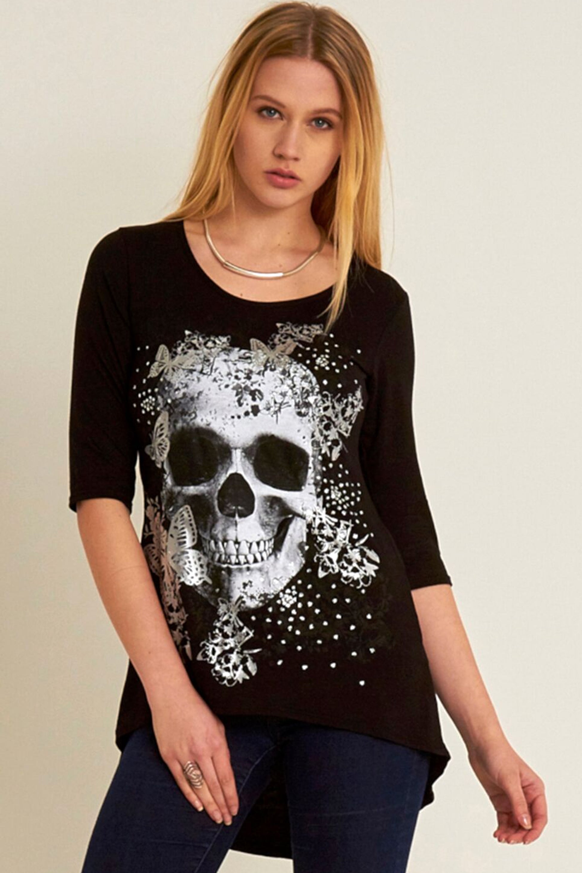 Cropped Sleeve Skull Print Curve Hem Top - bejealous-com