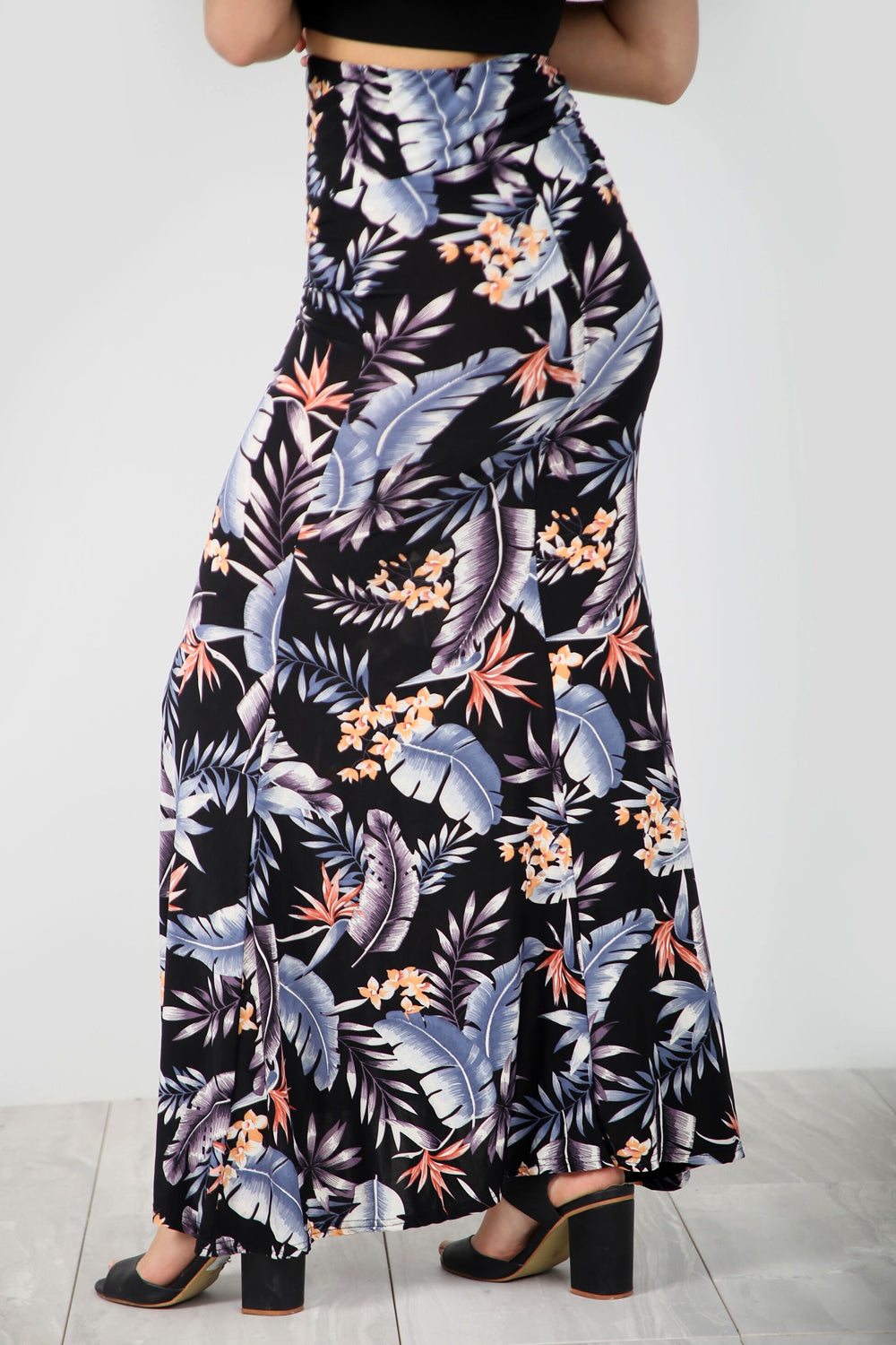 High Waist Blue Floral Fishtail Maxi Skirt - bejealous-com