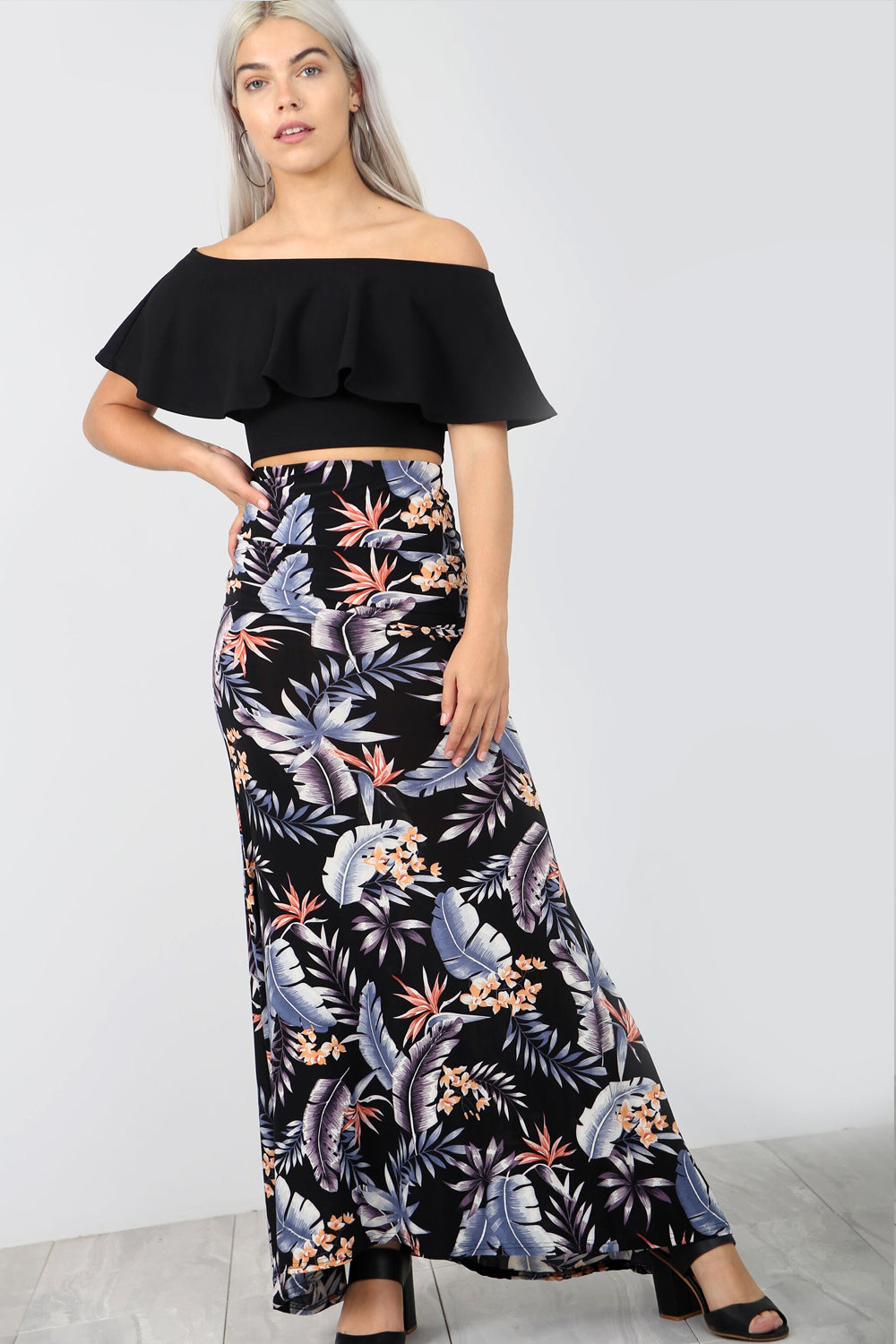 High Waist Blue Floral Fishtail Maxi Skirt - bejealous-com