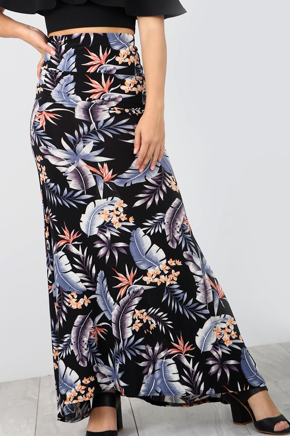 High Waist Blue Floral Fishtail Maxi Skirt - bejealous-com