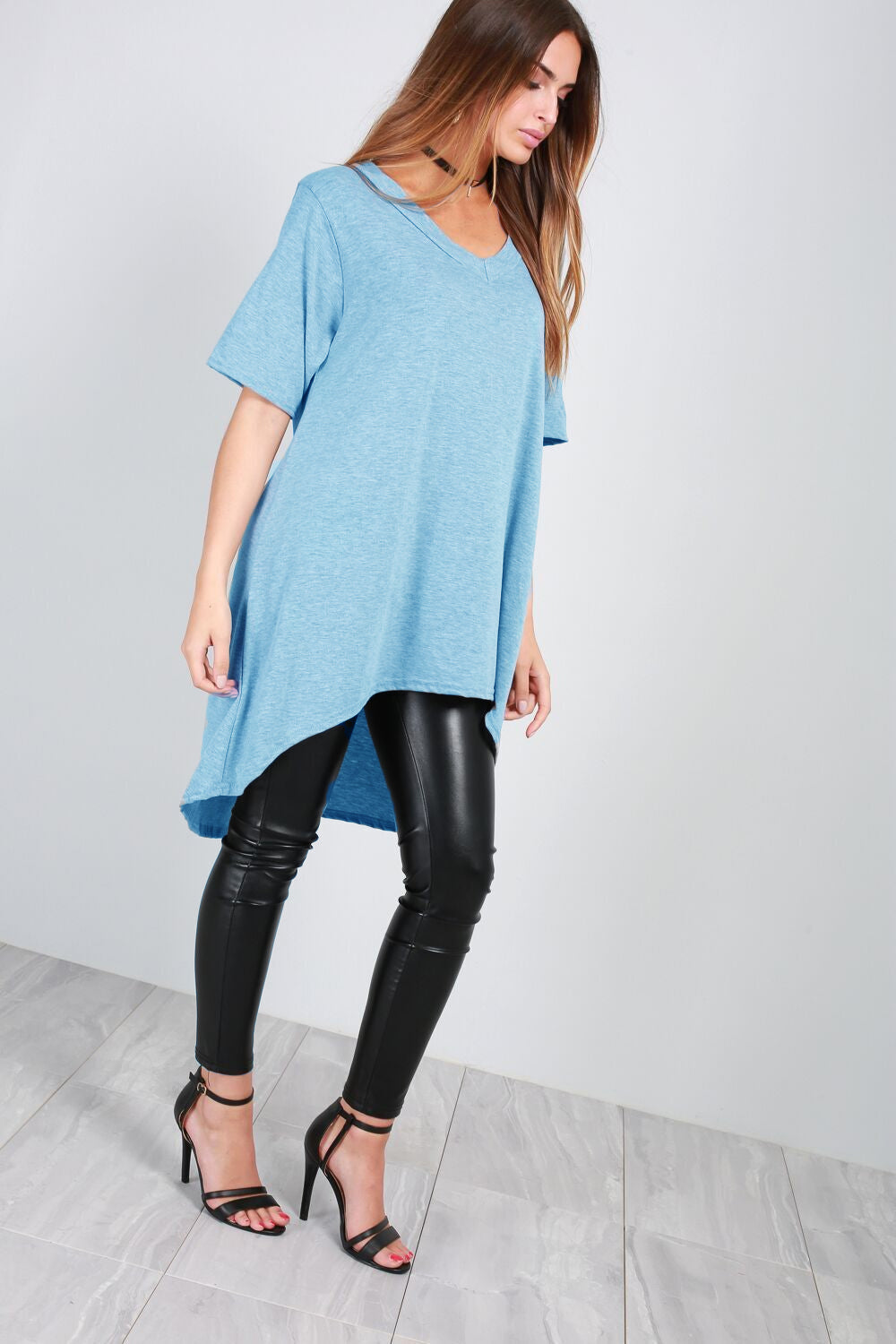 V Neck Blue Oversized Hi Lo Basic Tshirt - bejealous-com