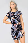 Floral Leaf Print Curved Hem Baggy Tshirt Dress - bejealous-com