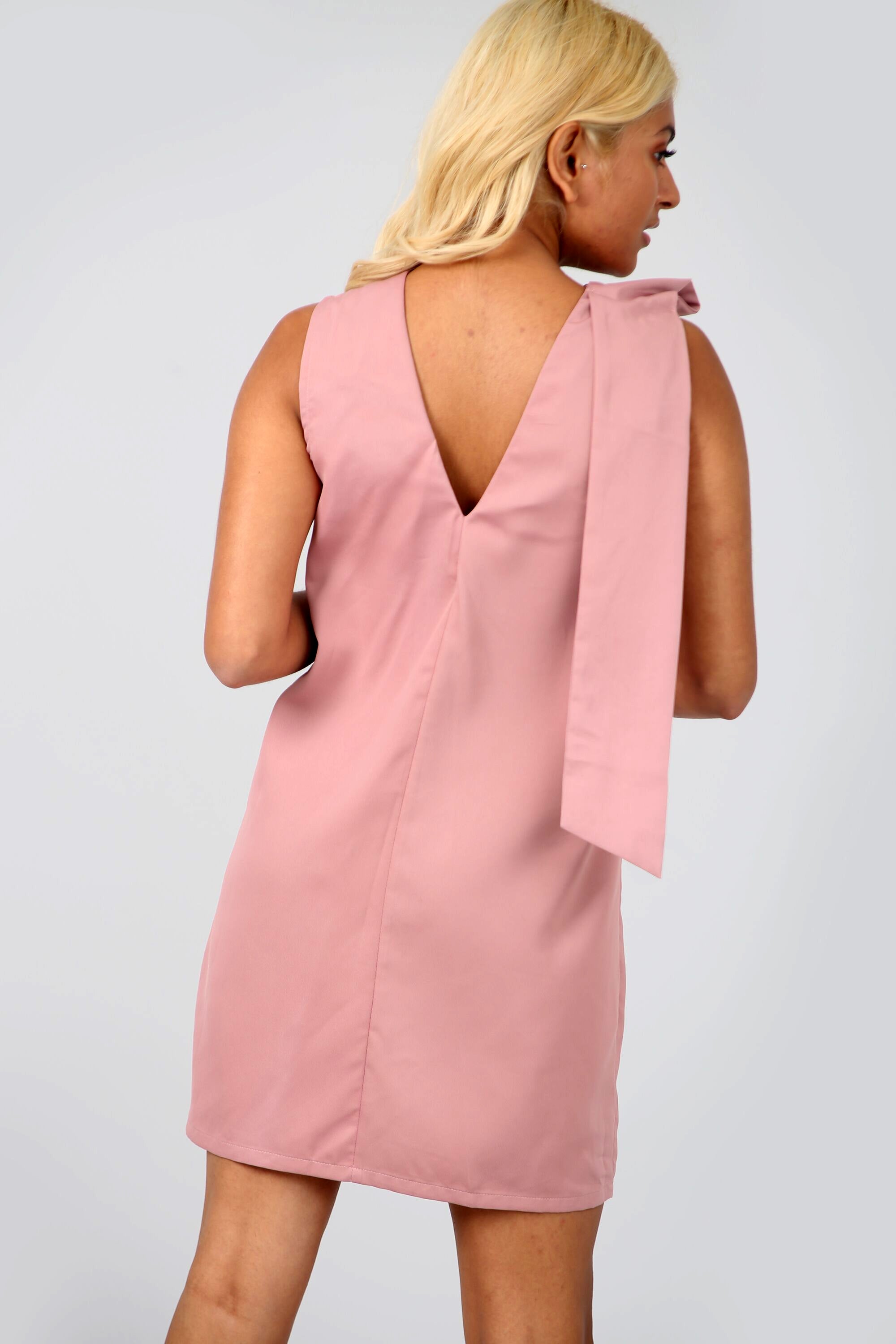 Bow Shoulder Pink Sleeveless V Neck Shift Dress - bejealous-com