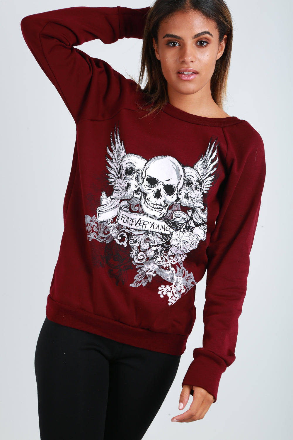 Long Sleeve Graphic Skull Print Burgundy Sweatshirt - bejealous-com