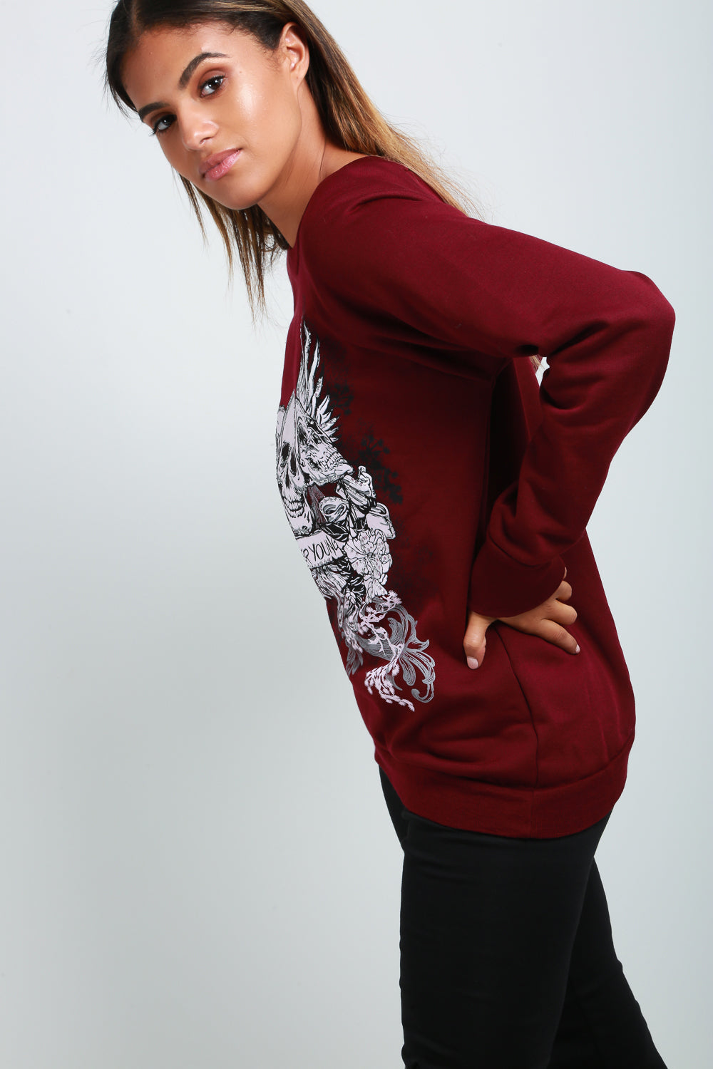 Long Sleeve Graphic Skull Print Burgundy Sweatshirt - bejealous-com