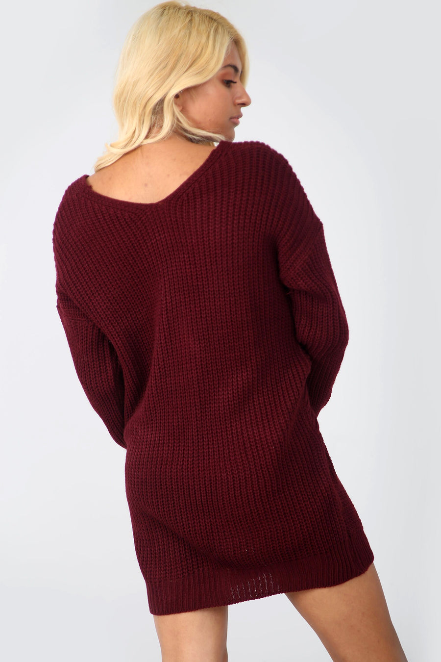 Burgundy Twist Front Oversize Knitted Jumper Dress - bejealous-com