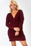 Burgundy Twist Front Oversize Knitted Jumper Dress - bejealous-com