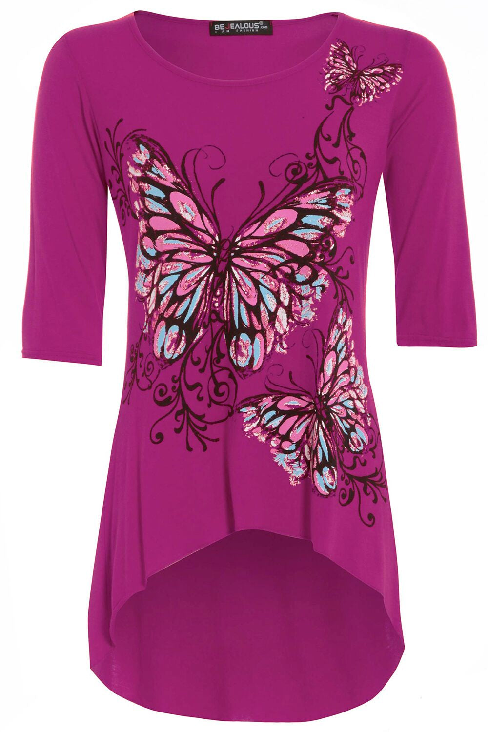 Cropped Sleeve Butterfly Print Curved Hem Top - bejealous-com