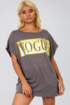 Oversize Vogue Metallic Slogan Print Grey Tshirt - bejealous-com