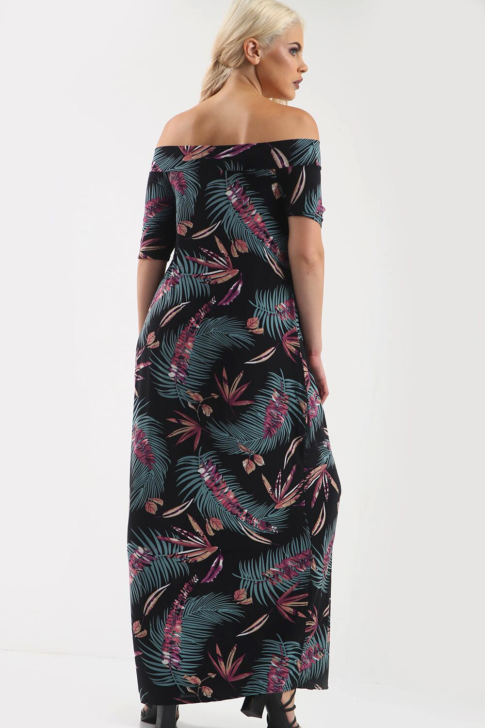 Off Shoulder Black Tropical Print Maxi Dress - bejealous-com