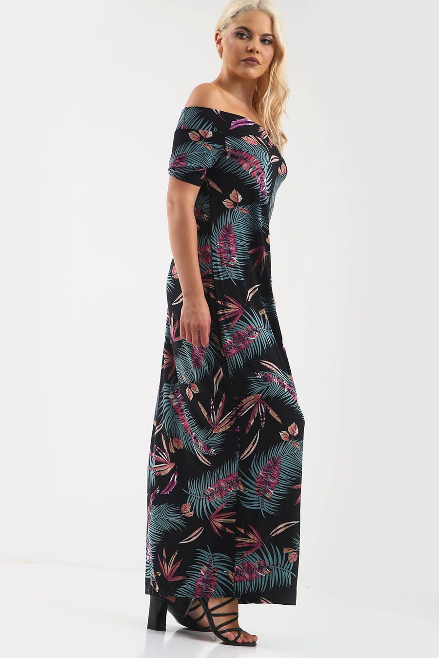 Off Shoulder Black Tropical Print Maxi Dress - bejealous-com