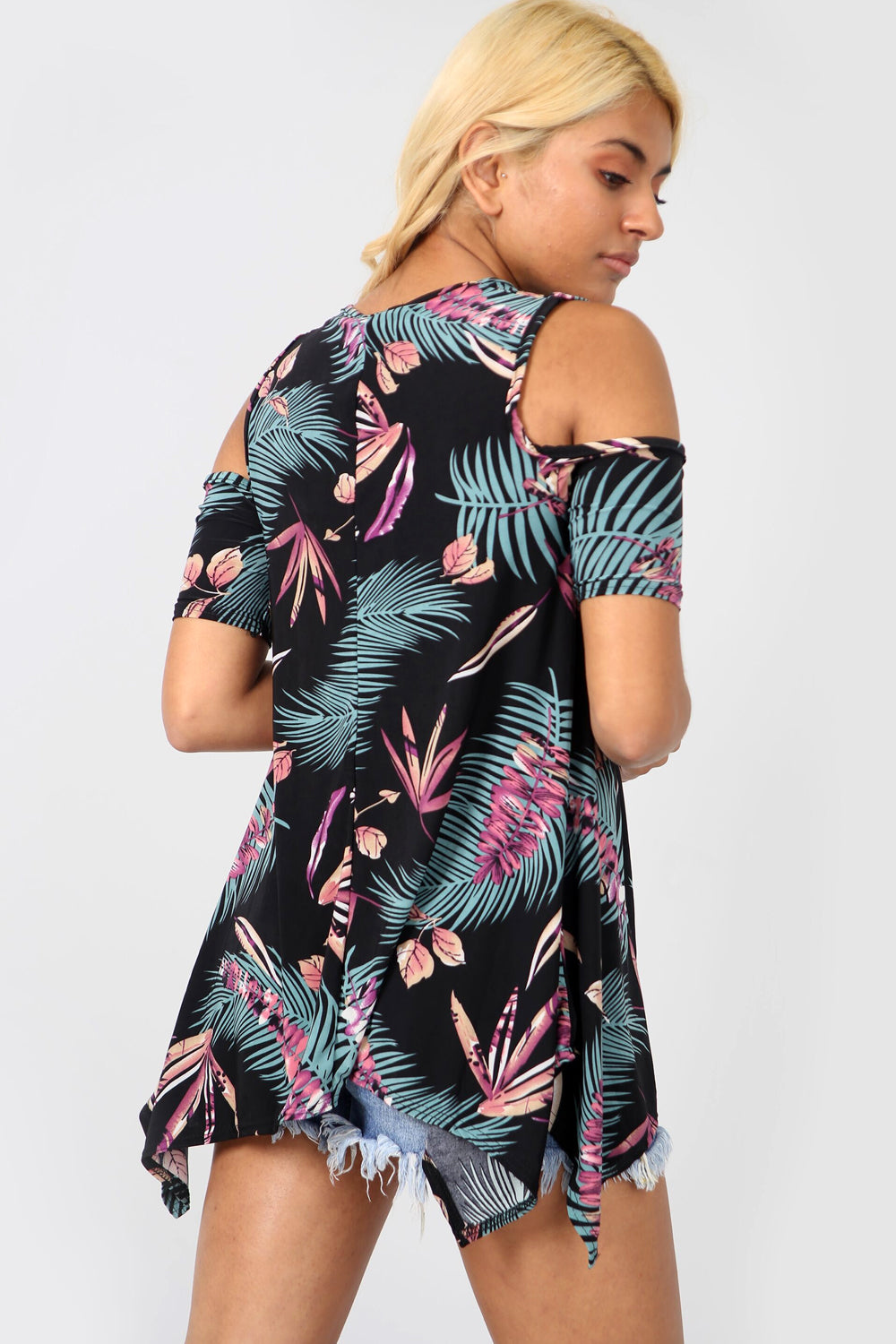Cold Shoulder Tropical Print Dipped Hem Top - bejealous-com