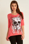 Cropped Sleeve Skull Print Curve Hem Top - bejealous-com