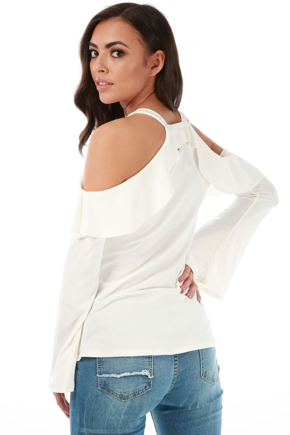 Cold Shoulder Flute Sleeve Frilly Top - bejealous-com