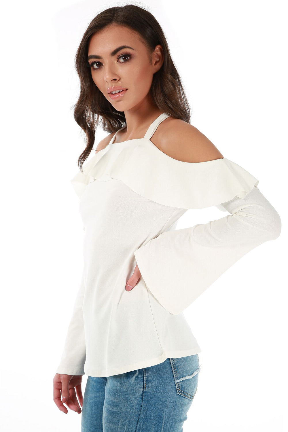 Cold Shoulder Flute Sleeve Frilly Top - bejealous-com