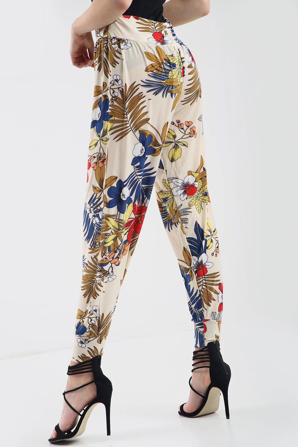 High Waist Slinky Harem Floral Print Cuffed Pants - bejealous-com