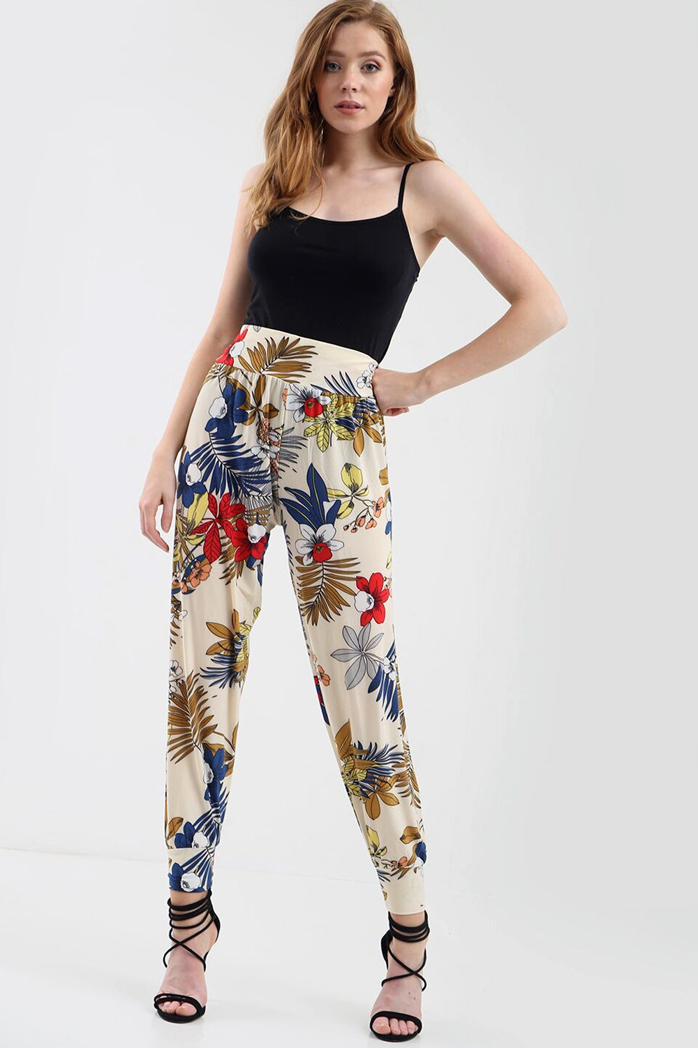 High Waist Slinky Harem Floral Print Cuffed Pants - bejealous-com