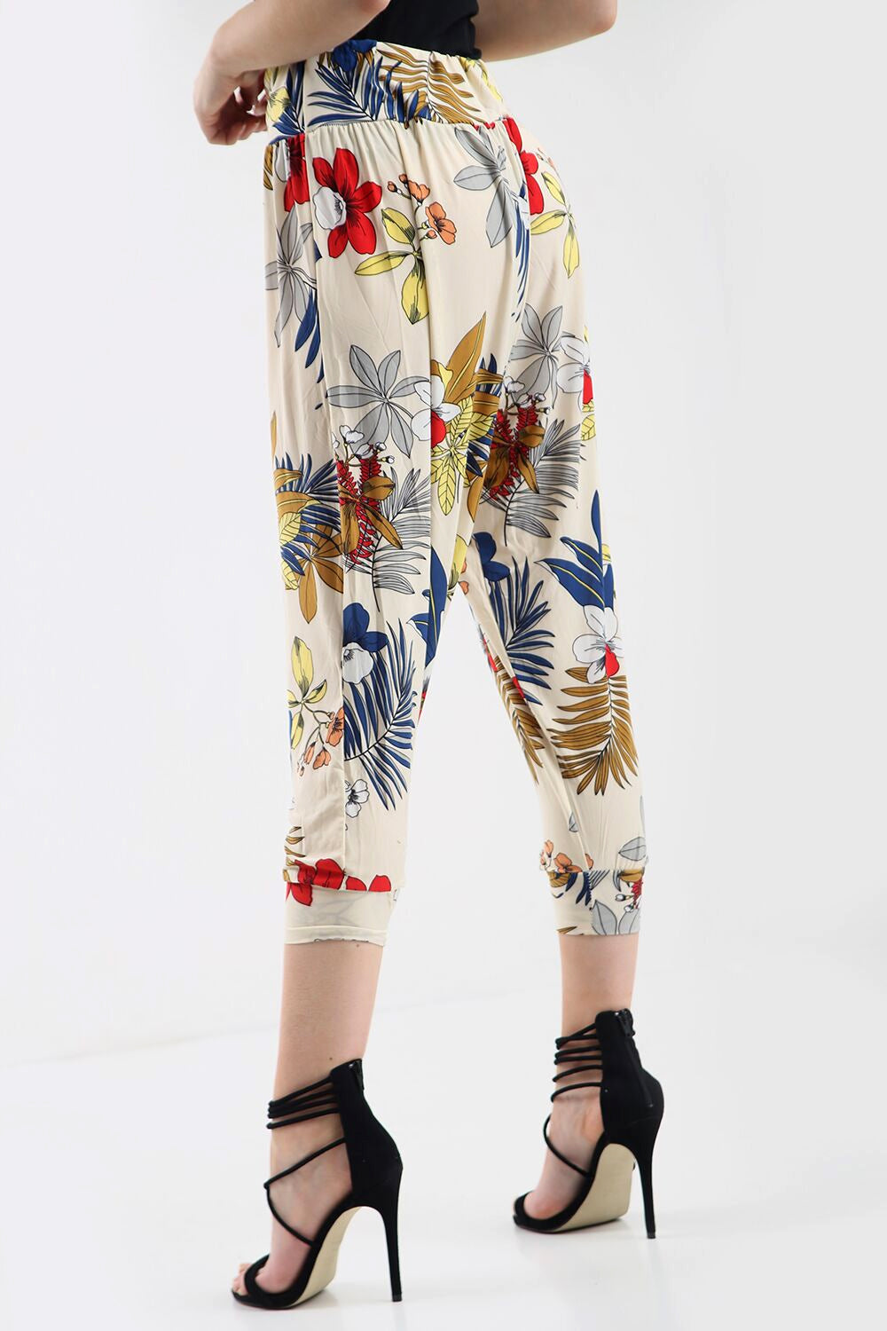 High Waist Red Floral Print Cuffed Leg Trousers - bejealous-com