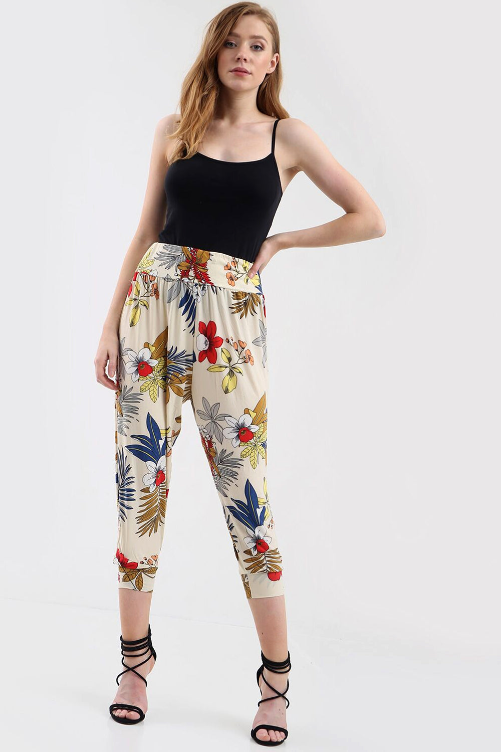 High Waist Red Floral Print Cuffed Leg Trousers - bejealous-com