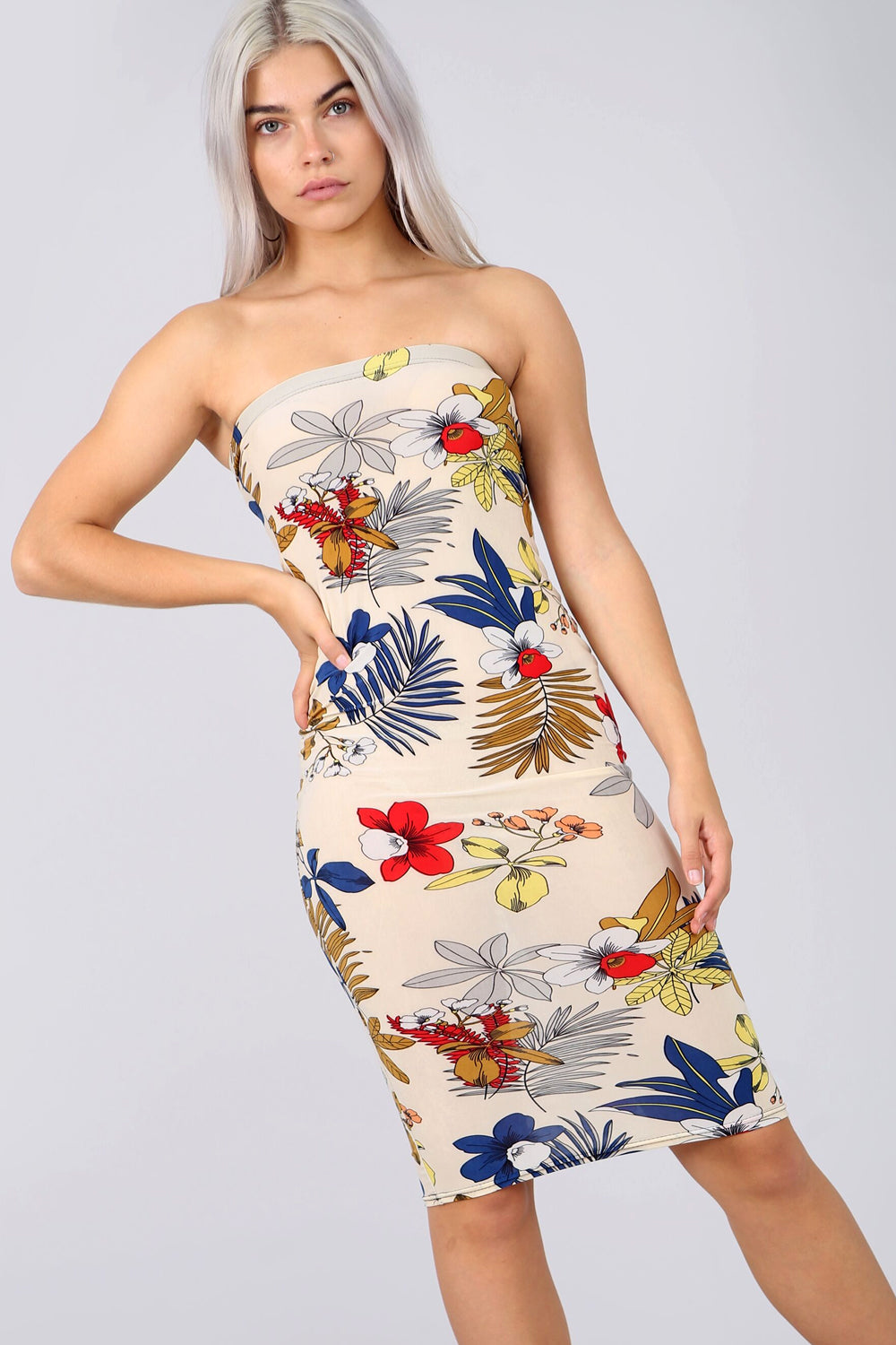 Bandeau Multi Floral Print Cream Bodycon Dress - bejealous-com