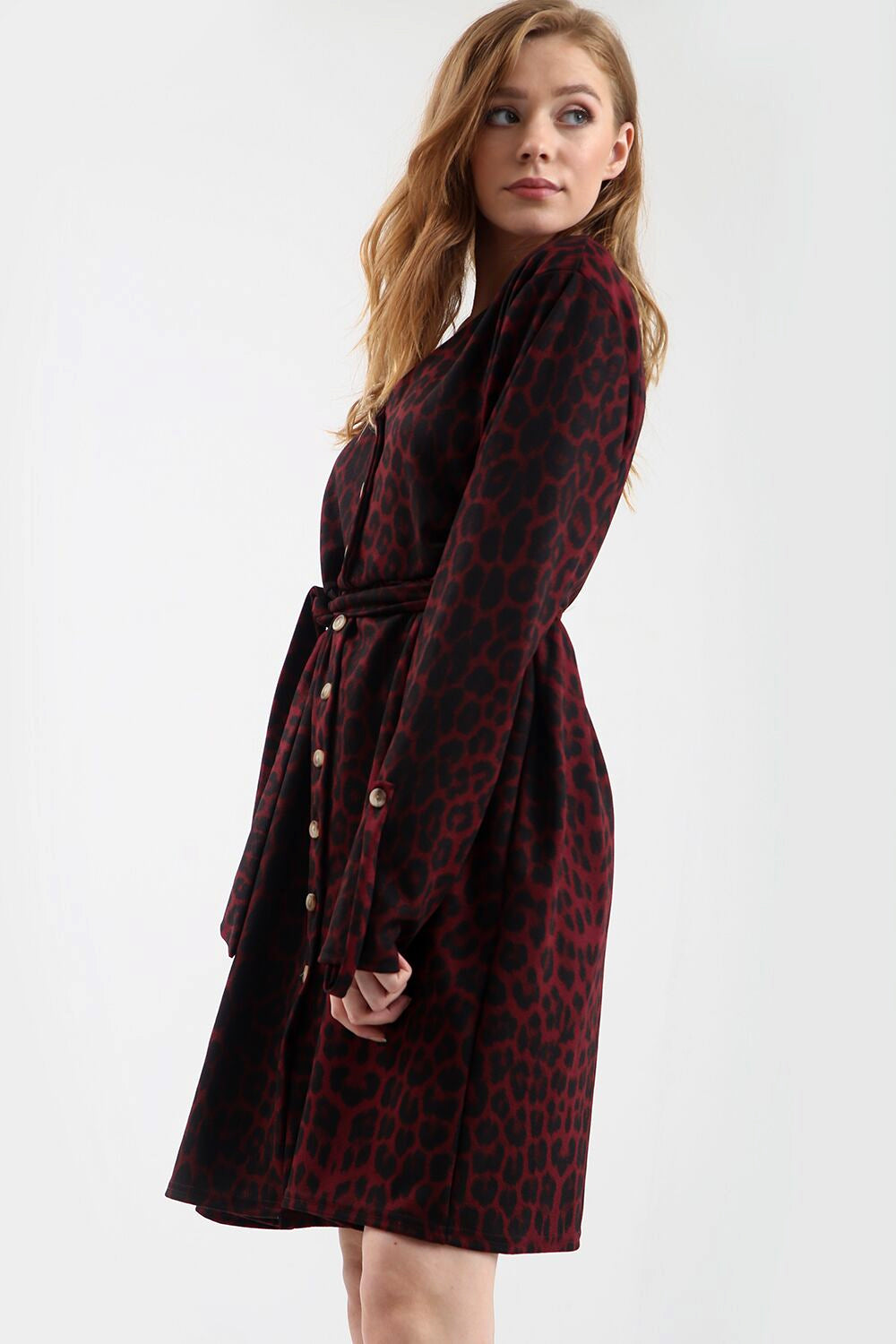 Long Sleeve Button Down Leopard Print Midi Dress - bejealous-com