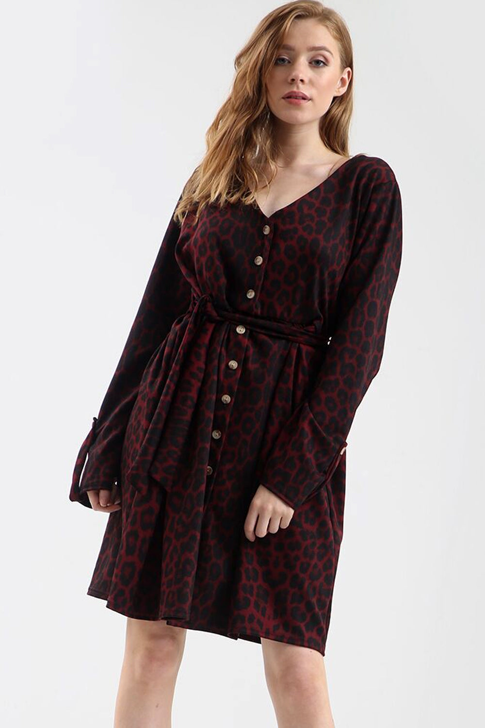 Long Sleeve Button Down Leopard Print Midi Dress - bejealous-com