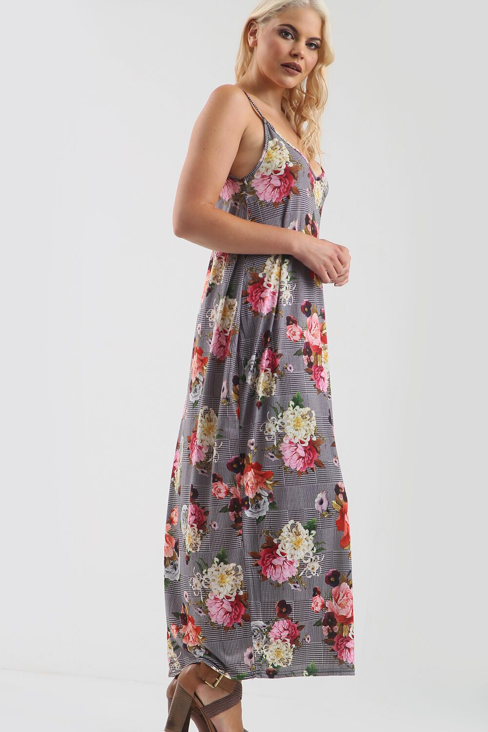 Strappy Loose Fit Floral Gingham Maxi Dress - bejealous-com