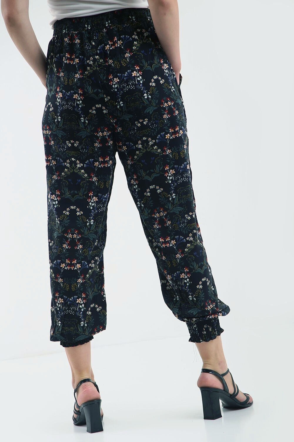 High Waisted Black Floral Chiffon Cuffed Leg Trousers - bejealous-com