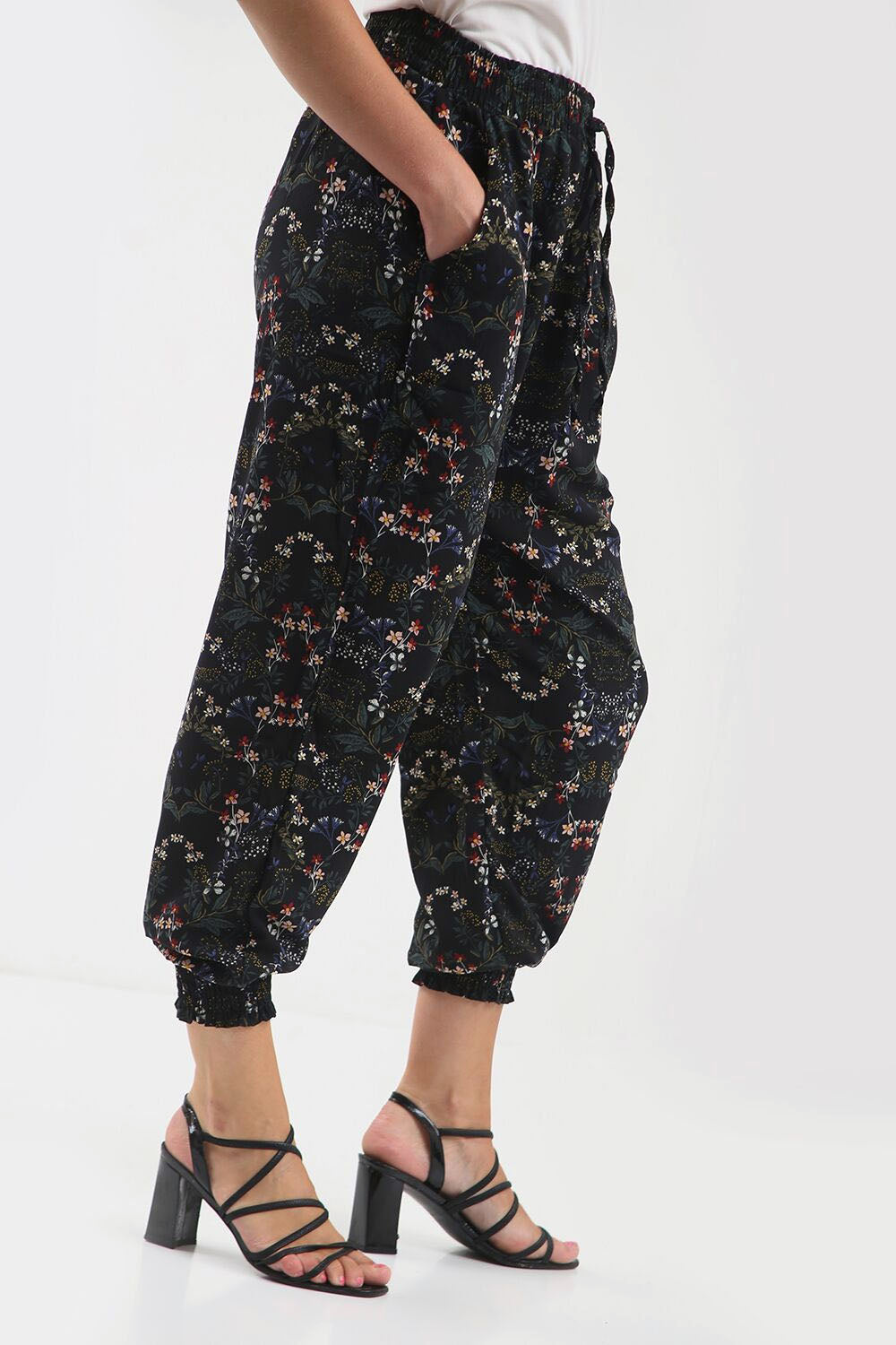 High Waist Black Floral Cuffed Leg Trousers - bejealous-com