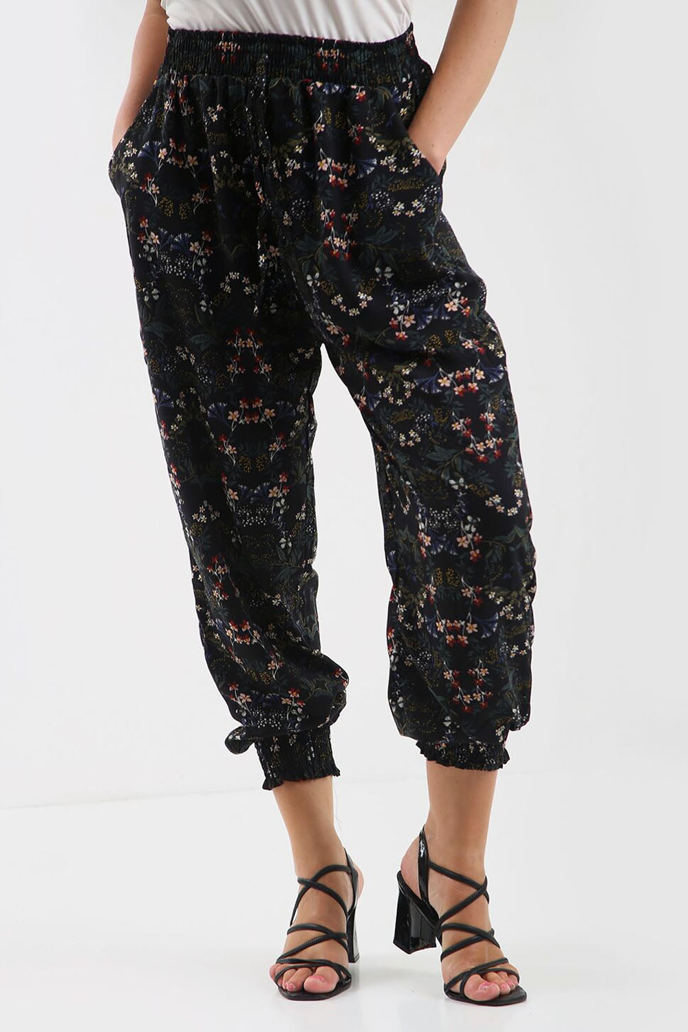 High Waisted Black Floral Chiffon Cuffed Leg Trousers - bejealous-com