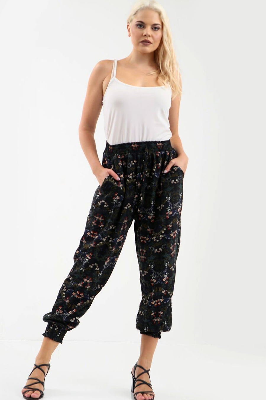 High Waist Black Floral Cuffed Leg Trousers - bejealous-com